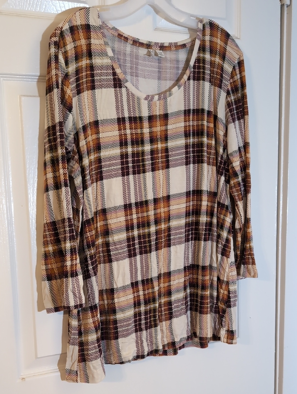 Cato Plaid Scoop Neck Tunic - Cream, Burgendy & Tan